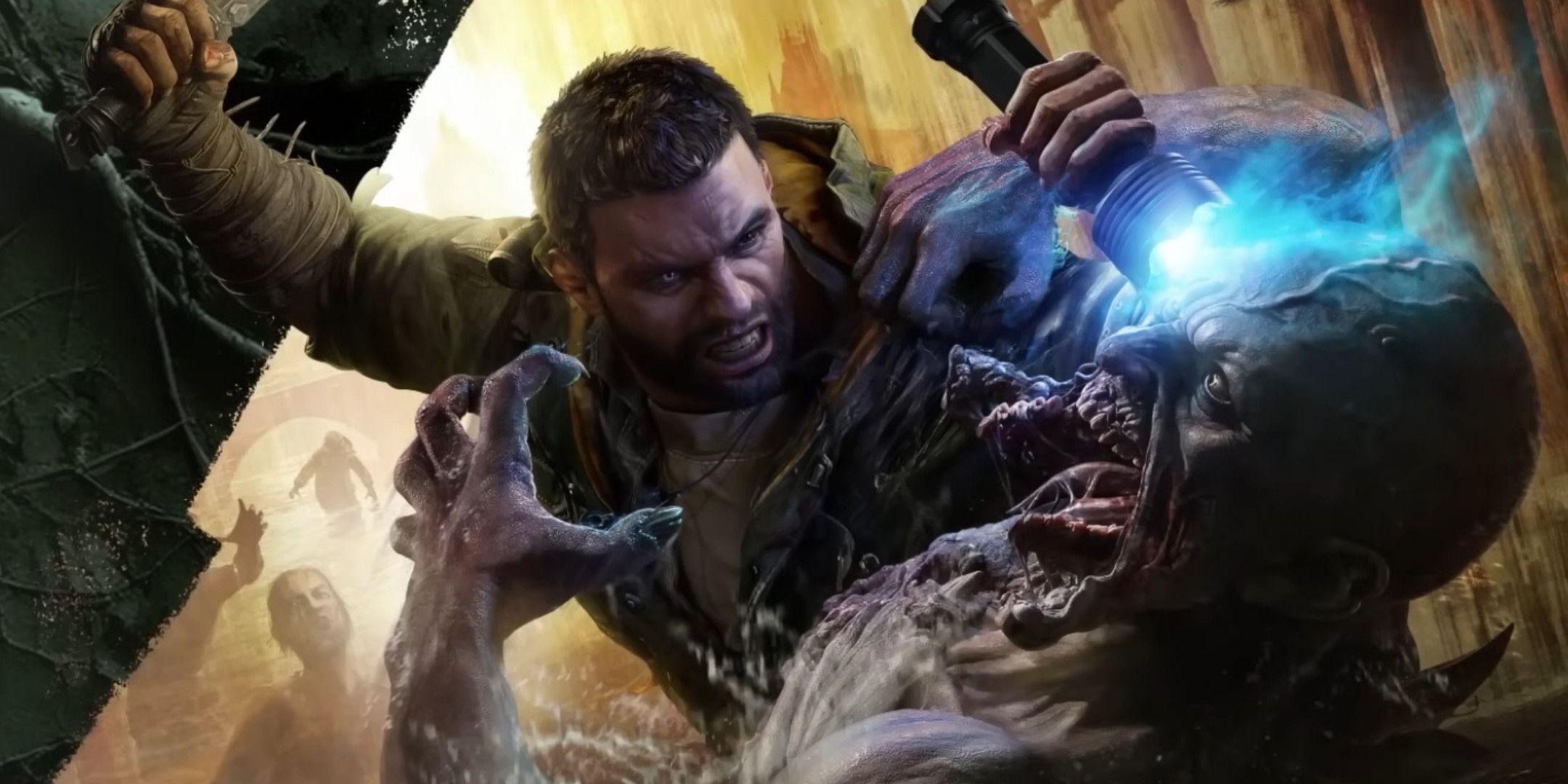 A man attacking a zombie with a flashlight and a machete.