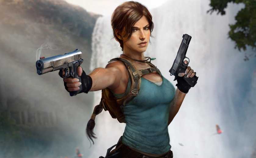 Lara Croft in her classic blue tank top and brown shorts holding two pistols.